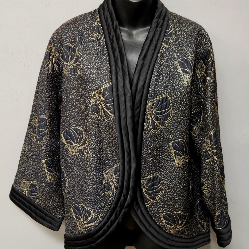 1979 Yves Saint Laurent Black Satin Kimono Jacket w/Gold Embroidery
